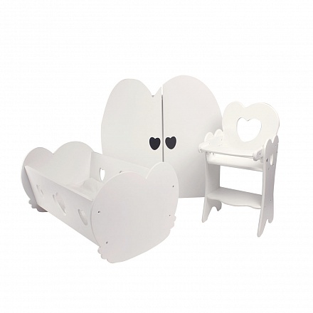 Набор кукольной мебели 3 предмета – стульчик, шкаф и кроватка-люлька, цвет: белый 